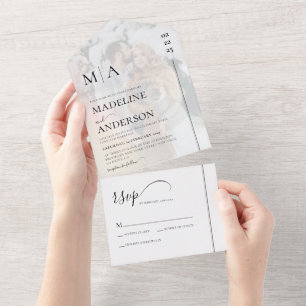 Monogram Black White met overlay foto bruiloft All In One Uitnodiging