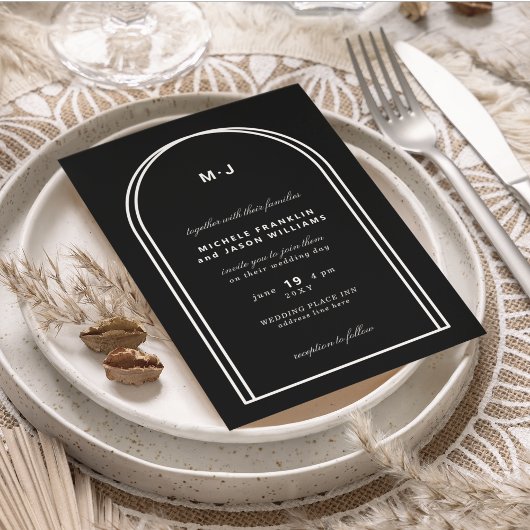 Monogram Black White Minimalist Arch Wedding Kaart