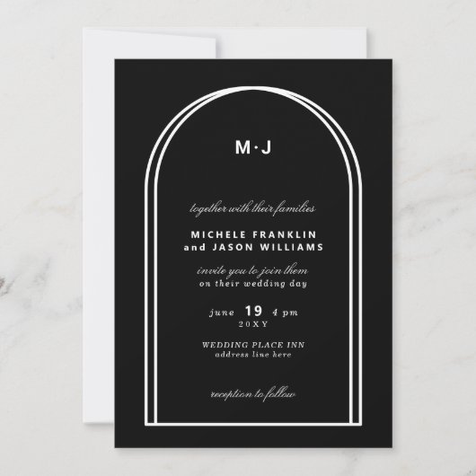 Monogram Black White Minimalist Arch Wedding Kaart (Voorkant)