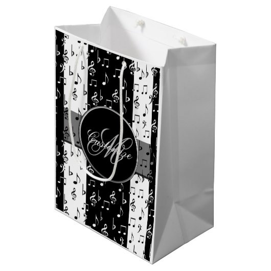 Monogram Black & White Musical Stripes Gift Bag 2 Medium Cadeauzakje (Voorkant Gekanteld)