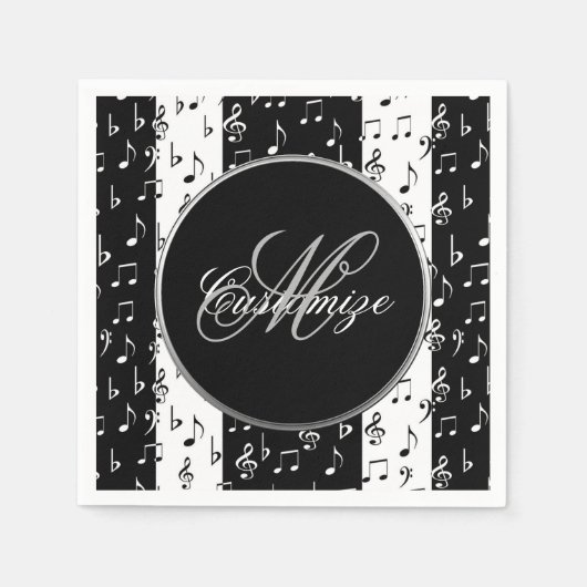 Monogram Black & White Musical Stripes Napkins Servetten (Voorkant)