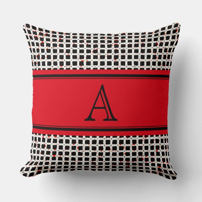 Monogram Black White Red Elegant Patroon Kussen (Voorkant)