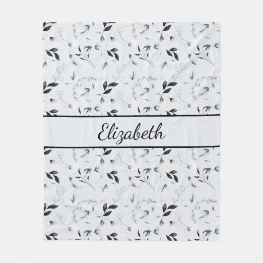 Monogram Black White Silver Grey Floral Leaves Fleece Deken (Voorkant)
