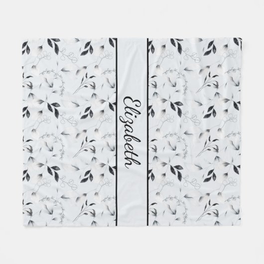 Monogram Black White Silver Grey Floral Leaves Fleece Deken (Voorkant (Horizontaal))