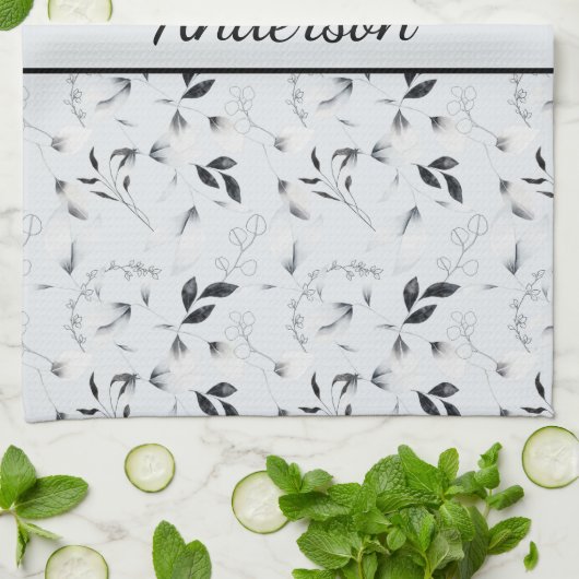 Monogram Black White Silver Grey Floral Leaves Theedoek (Gevouwen)