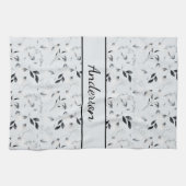 Monogram Black White Silver Grey Floral Leaves Theedoek (Horizontaal)