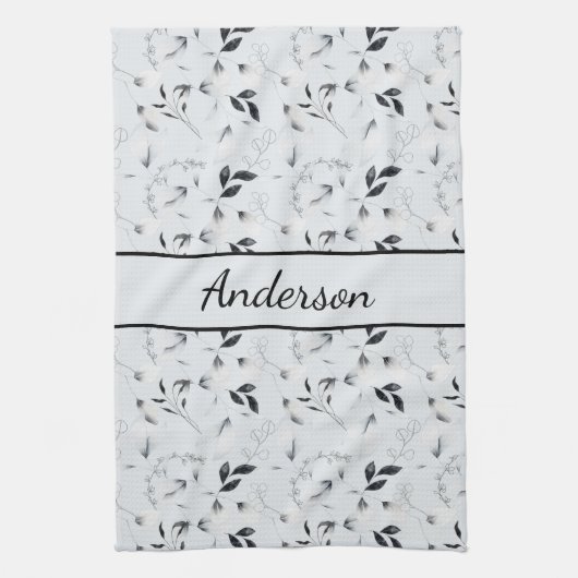 Monogram Black White Silver Grey Floral Leaves Theedoek (Verticaal)