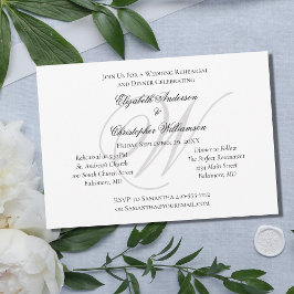 Monogram Black White Silver Wedding Rehearsal Kaart