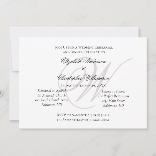 Monogram Black White Silver Wedding Rehearsal Kaart (Voorkant)