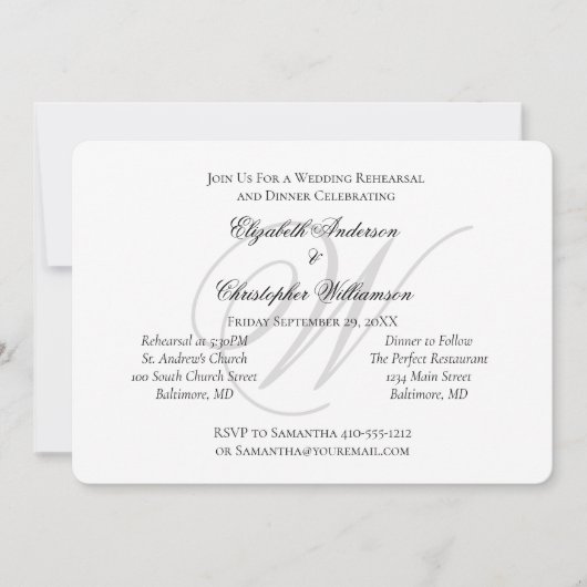 Monogram Black White Silver Wedding Rehearsal Kaart (Voorkant)