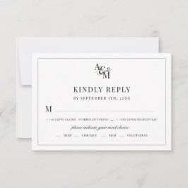 Monogram Black White Simple Elegant Meal Choice RSVP Kaartje