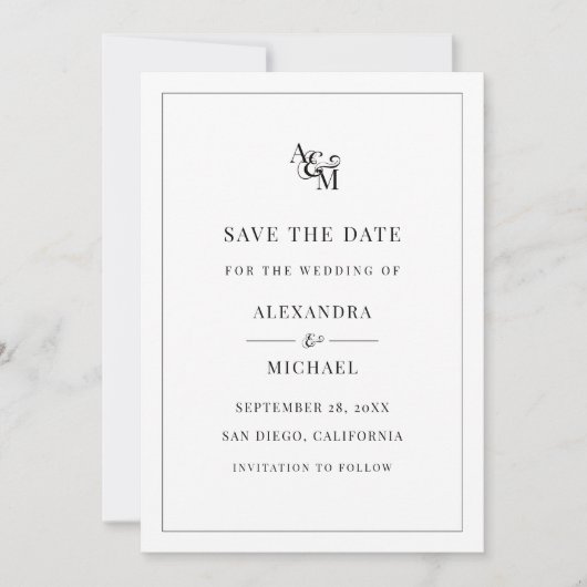 Monogram Black White Simple Elegant Modern Wedding Save The Date (Voorkant)