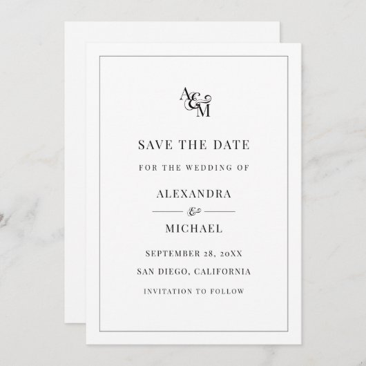 Monogram Black White Simple Elegant Modern Wedding Save The Date (Voorkant / Achterkant)