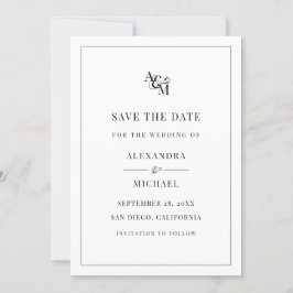 Monogram Black White Simple Elegant Modern Wedding Save The Date