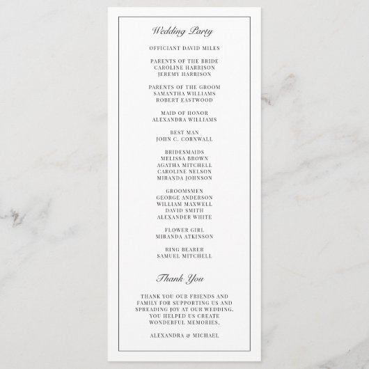 Monogram Black White Simple Minimalist Weddenschap Programmakaart (Achterkant)