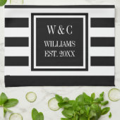 Monogram Black White Stripe, speciaal gepersonalis Theedoek (Gevouwen)