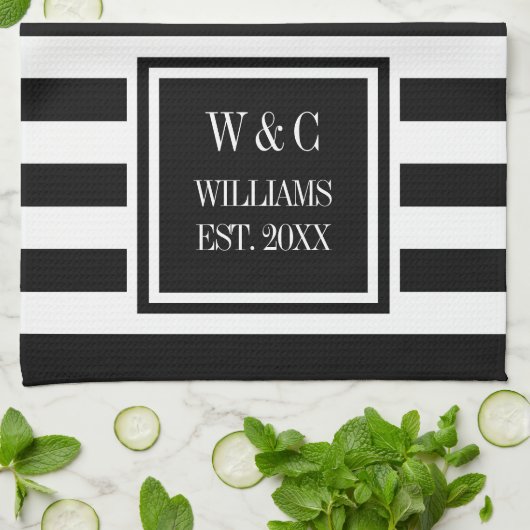 Monogram Black White Stripe, speciaal gepersonalis Theedoek (Gevouwen)