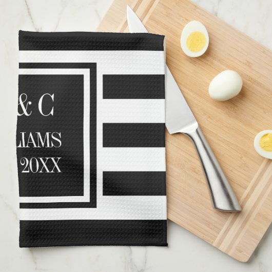 Monogram Black White Stripe, speciaal gepersonalis Theedoek (Quarter Fold)