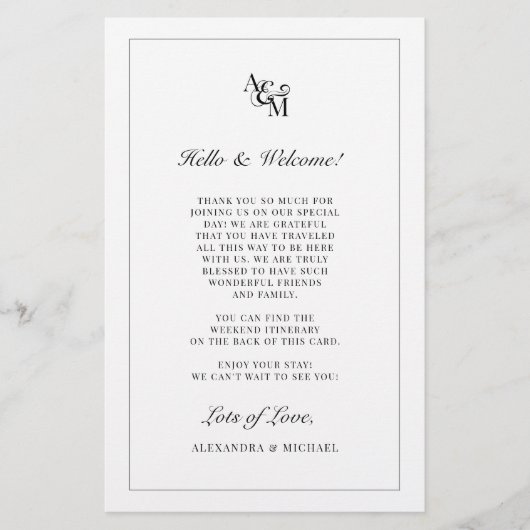 Monogram Black White Weddenschap Welkomstreisroute (Voorkant)