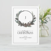 Monogram Black Winter Berry Wreath Merry Kerstmis Feestdagenkaart (Staand voorkant)