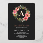 Monogram Black Wreath Botanical Christmas Party Folie Feestdagenkaart (Voorkant)