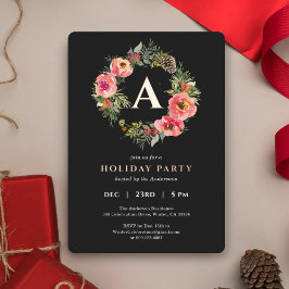 Monogram Black Wreath Botanical Christmas Party  Folie Feestdagenkaart
