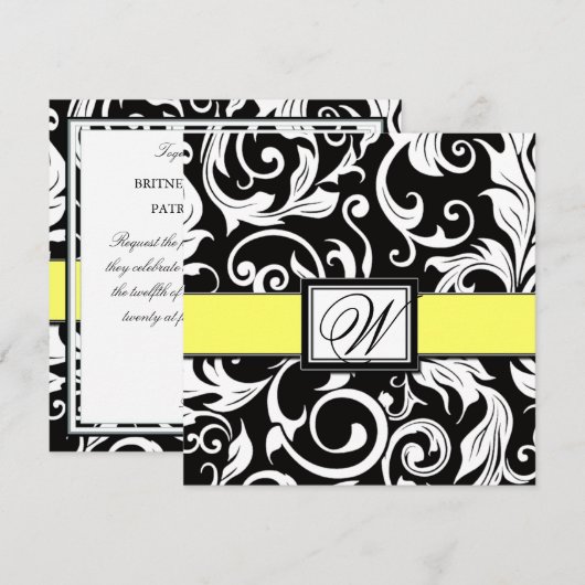 Monogram Black & Yellow Damask Wedding Invitations Kaart (Voorkant / Achterkant)