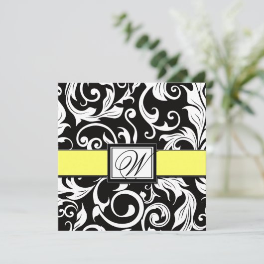Monogram Black & Yellow Damask Wedding Invitations Kaart (Staand voorkant)