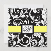 Monogram Black & Yellow Damask Wedding Invitations Kaart (Voorkant)