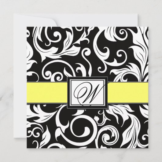 Monogram Black & Yellow Damask Wedding Invitations Kaart (Voorkant)