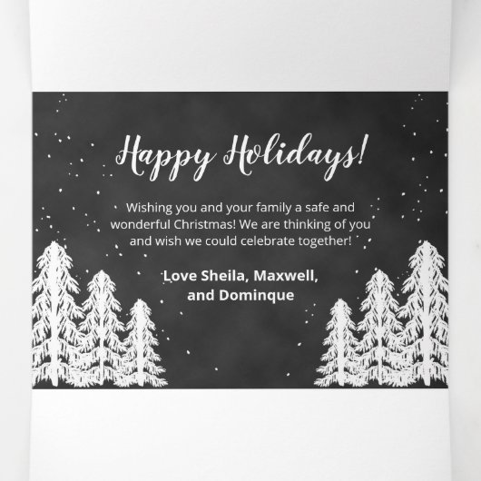 Monogram Blackboard Snowy Pine Tree Forest 6-foto Drieluik Wenskaart (Binnenkant midden)