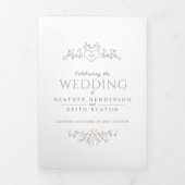 Monogram blad hart bruin geelbruin wit bruiloft drieluik uitnodiging (Cover)