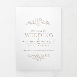 Monogram blad hart bruin geelbruin wit bruiloft drieluik uitnodiging