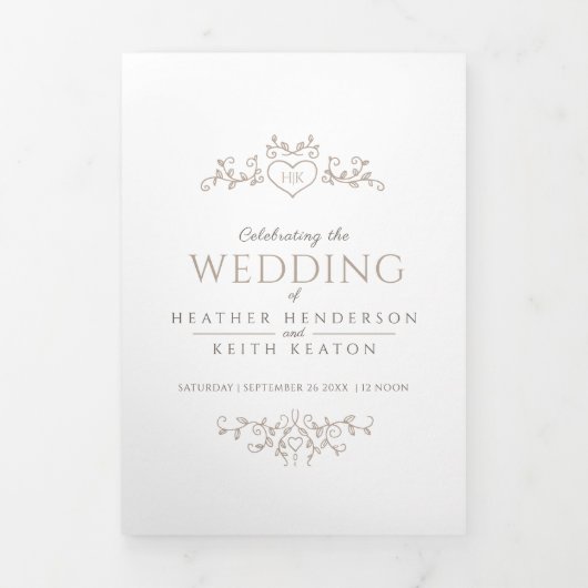 Monogram blad hart bruin geelbruin wit bruiloft drieluik uitnodiging (Cover)