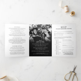 Monogram blad hart zwart wit bruiloft all-in-one drieluik uitnodiging