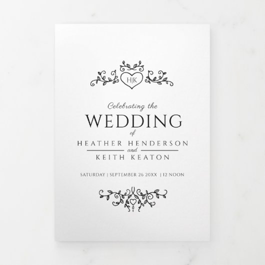 Monogram blad hart zwart wit bruiloft all-in-one drieluik uitnodiging (Cover)