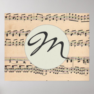 Monogram Blad Muziek Score Zwart-wit patroon Poster