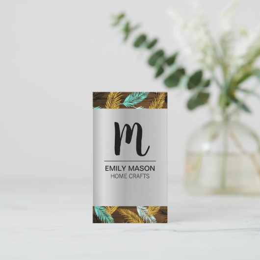 Monogram / bladeren houtversiering / palmblad visitekaartje (Staand voorkant)