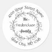 Monogram Bladeren Zwart Wit Adres Ronde Sticker (Voorkant)