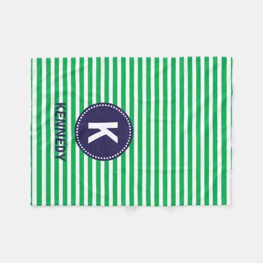 Monogram Blanket Kelly Green Stripes en Navy Blue Fleece Deken (Voorkant (Horizontaal))
