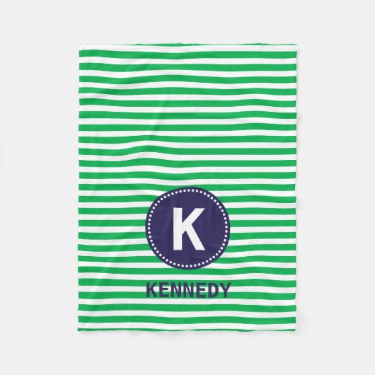 Monogram Blanket Kelly Green Stripes en Navy Blue Fleece Deken (Voorkant)
