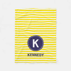 Monogram Blanket Lemon Yellow Stripes & Navy Blue Fleece Deken