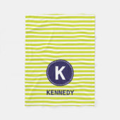 Monogram Blanket Lime Green Stripes en Navy Blue Fleece Deken (Voorkant)