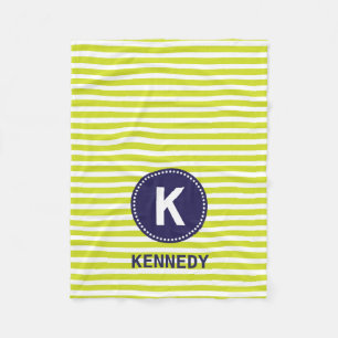 Monogram Blanket Lime Green Stripes en Navy Blue Fleece Deken