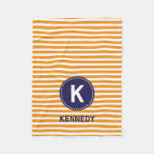 Monogram Blanket Oranje Witte Stripes & Navy Blue Fleece Deken (Voorkant)