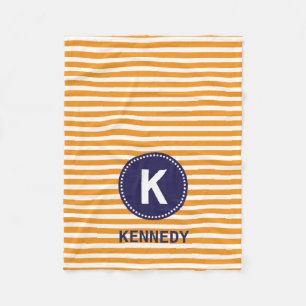 Monogram Blanket Oranje Witte Stripes & Navy Blue Fleece Deken