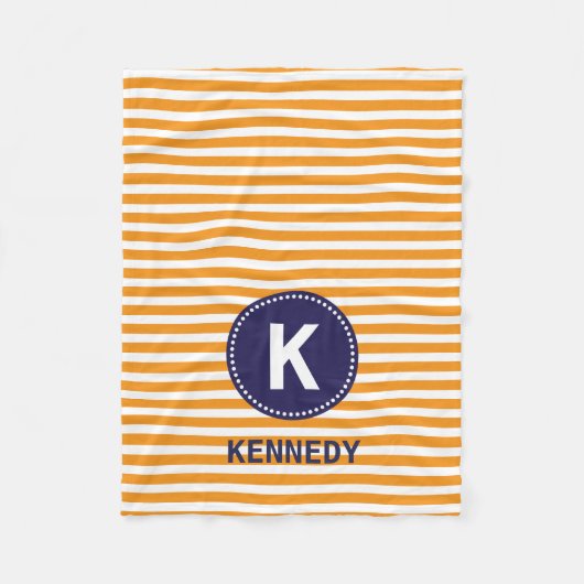 Monogram Blanket Oranje Witte Stripes & Navy Blue Fleece Deken (Voorkant)
