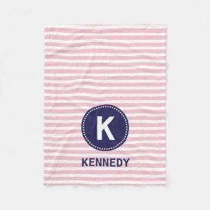 Monogram Blanket Pastel Pink Stripes en Navy Blue Fleece Deken