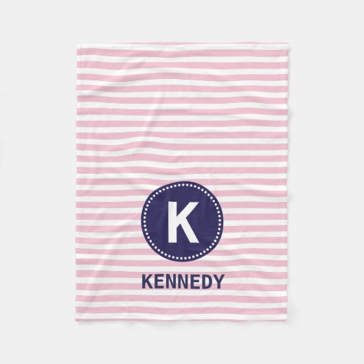 Monogram Blanket Pastel Pink Stripes en Navy Blue Fleece Deken (Voorkant)