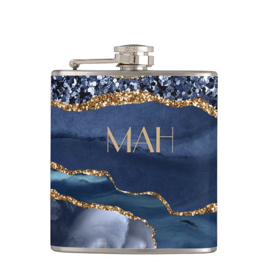 Monogram Blau Goud Glitter Agate Marmer Glam Bling Heupfles (Voorkant)